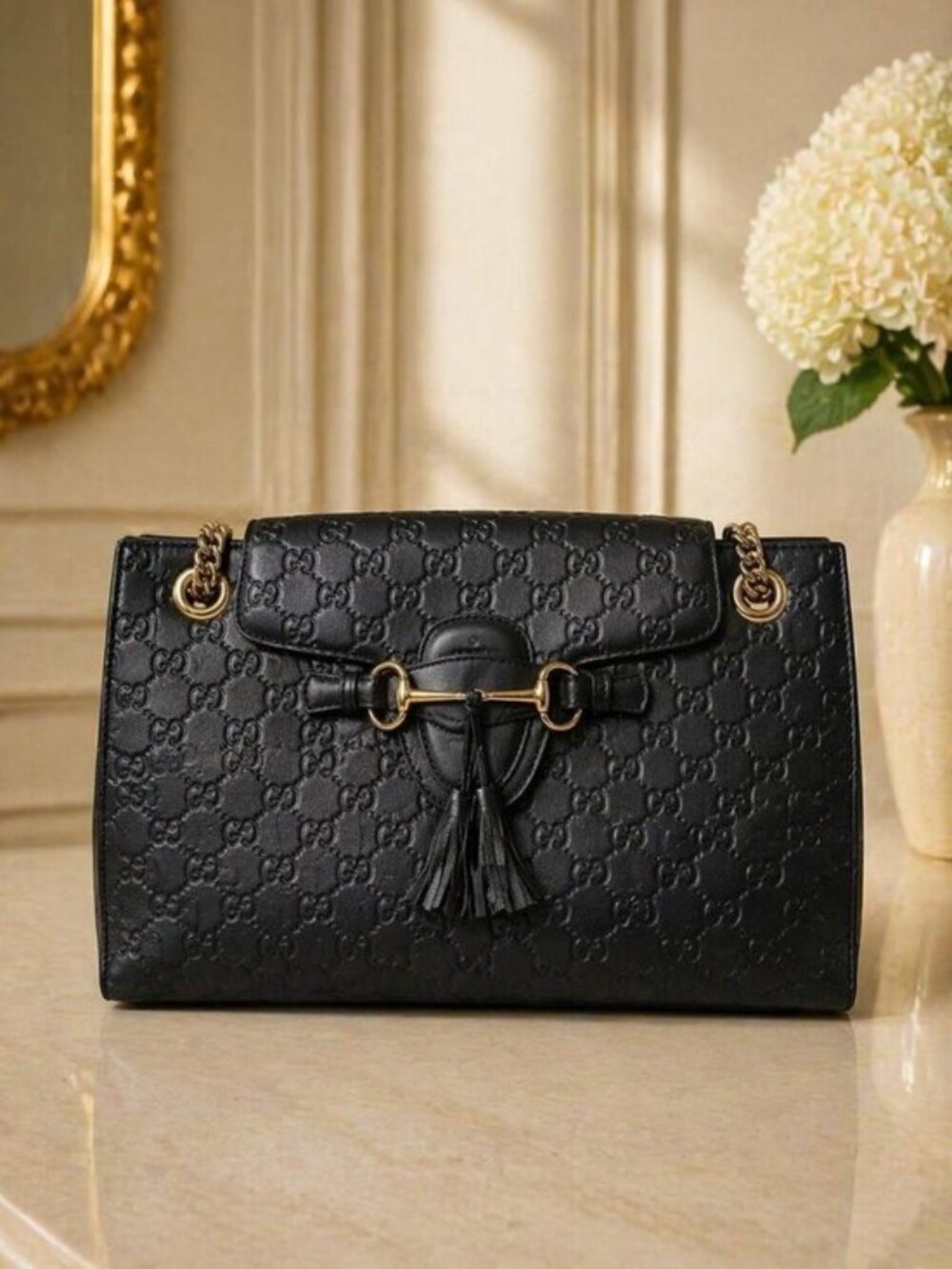 Authentic Gucci Guccissima Leather Horsebit Chain Tote Black